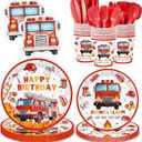 168pcs Firetruck Paper Plates Napkins Fire Truck Party Supplies Disposable Tableware Set for Kids Fireman Themed Birthday Decorations Serve 24 Guests
