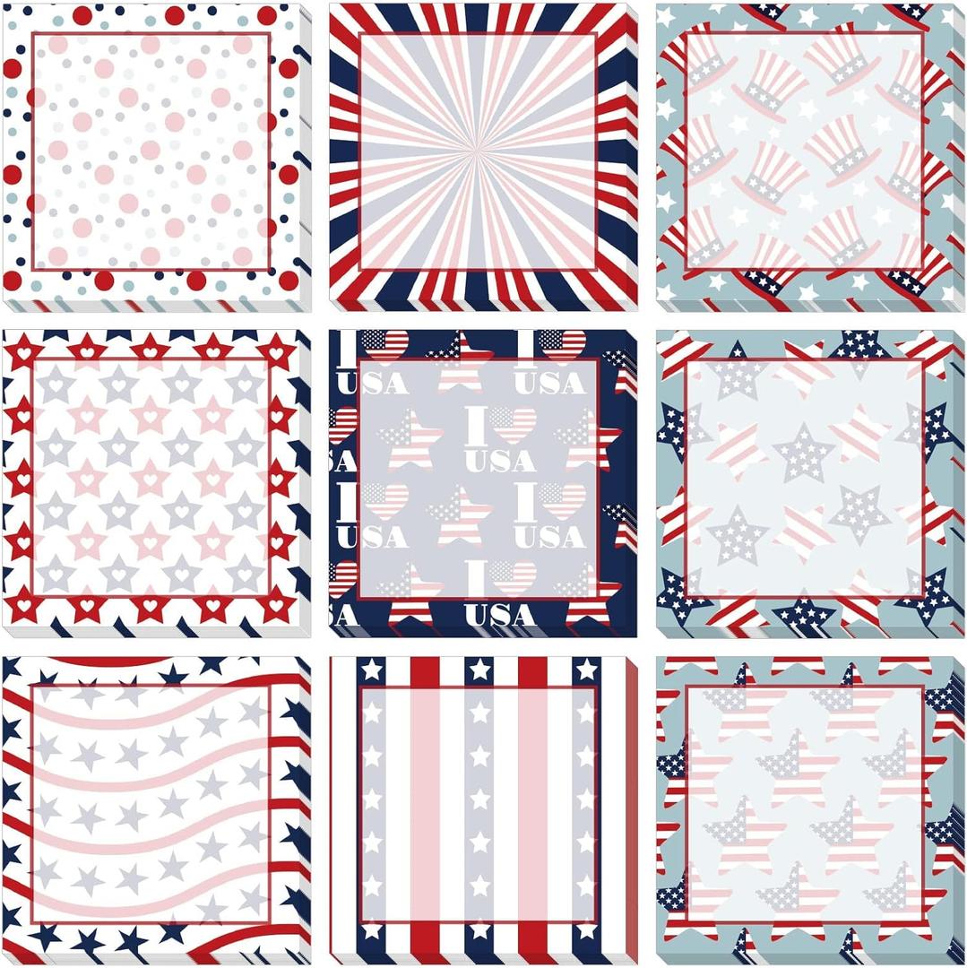 9 Pieces 4th of July Sticky Note Adhesive Independence Day Patriotic Memo Notes Self-Stick Note Pads for Reminders, Study, Work, Office, School and Home, 9 Styles