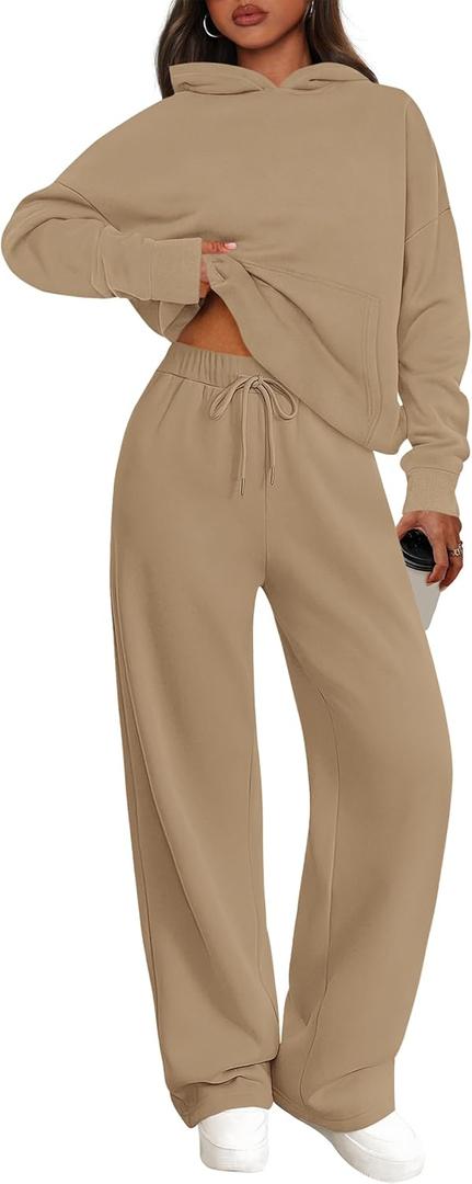 PRETTYGARDEN Women's 2 Piece Outfits Fall Sweatsuits Oversized Hoodies Wide Leg Sweatpants Tracksuits Lounge Matching Sets (Medium, Khaki)