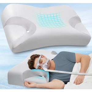 CPAP Pillow for Side Sleepers for Neck Shoulder Pain Relief with Cooling Pillowcase - Memory Foam Neck Support Pillow for Side, Back & Stomach Sleeping - Reduce Air Leak/Mask Pressure for Better Sleep (Queen-22.8"L*14.9"W*(3.9"/3.7")H, Gray)