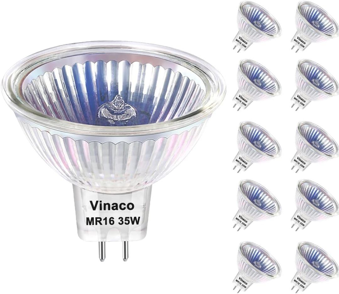 Vinaco MR16 Bulb,10 Pack 35W GU5.3 Base, 480LM High Output 12V 35W Bulb, 2800K Warm White MR16 Dimmable with Clear Glass Cover, MR16 GU5.3 for Landscape, Track Lights