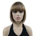 Lydell 8" Straight Short Bob Hair Flat Bangs Cute Central Dot Skin Top Heat Resistant Synthetic Wigs (14-24 Lt Golden Brown)