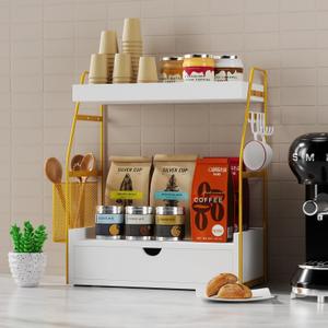 2 Tier Bathroom Counter Organizer with Drawer & Basket, Wooden Vanity Tray Countertop Shelf Accessories for Makeup Storage, Coffee Bar Station, Perfume Skincare, Kitchen, Bedroom (White)