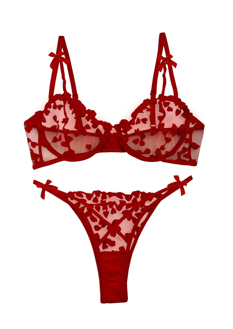 Lilosy Sexy Underwire Cute Push Up Strappy Embroidered Mesh Sheer Lingerie Set See Through Panty Bra M