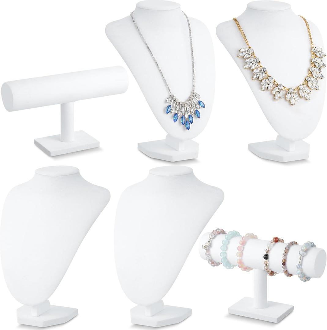 Huquary 6 Pcs Velvet Jewelry Display Set Necklace Display Stand T Bar Bracelet Holder Jewelry Bust for Home Store Trade Show (White)