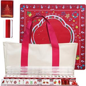 American Christmas Theme Acrylic Mahjong Set with 2 Carrying Bags, 4 Acrylic Racks with Pushers, Silent Mat – Portable Mahjong Set for Adults, Family Holiday Game Night & Travel, Deep Red-christmas Theme