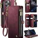 for iPhone 16 Pro Max Case Wallet with RFID Blocking 2-Zipper Pockets & 8-Credit Card Holder Slots & Wrist Strap | Vintage Soft PU Leather Magnetic Snap Flip Protective Phone Cover, Burgundy