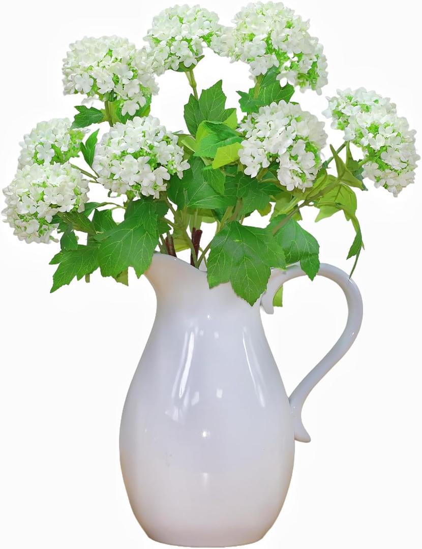 Hydrangea Artificial Flowers Fake Hydrangeas - Silk Flowers 4 Pack 28 Inch Long with 12 Real Touch Blooms, Snowball Viburnum for Wedding and Home Decor (White)