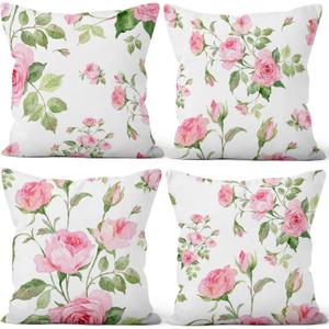 Pink Roses Throw Pillow Covers Blooming Natural Flower Bouquet Green Leaves Set of 4 Romantic Art Design Square Pillowcases for Bed Outdoor Couch Bedroom Patio Farmhouse Living Room 16x16 (Floral 7)