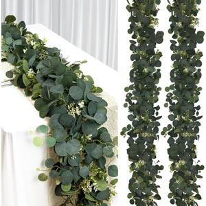 2Pcs 6FT Eucalyptus Garland, Green Garland with Flowers, Artificial Faux Greenery Vines for centerpieces Wedding Party Table Runner Room Home Mantle Decor