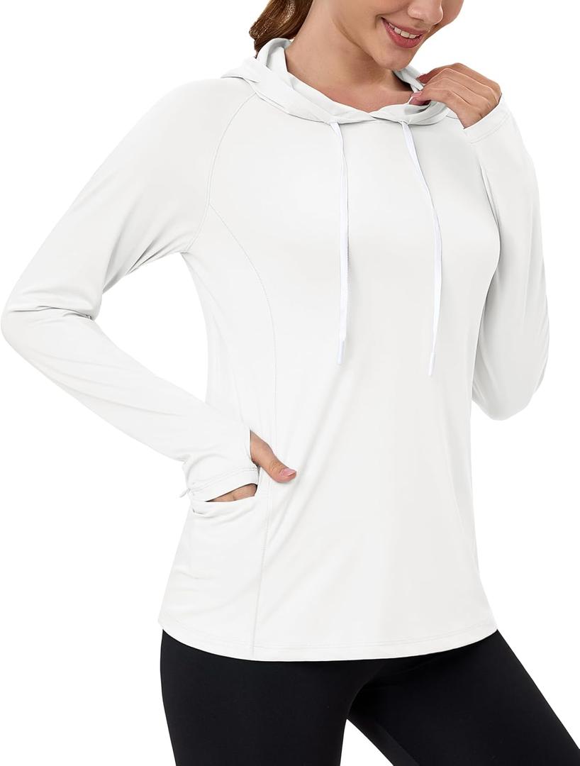 MAGCOMSEN Women's UPF 80+ Sun Protection Hoodie Shirt Long Sleeve Outdoor Hiking Fishing Rash Guard with Pocket (White, XL)