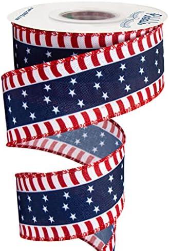 Ribbli Patriotic Ribbon, Stars and Stripes Wired, 1-1/2 Inch x 10 Yard, Red/White/Navy, Canvas for Bows, Wreaths, Trees