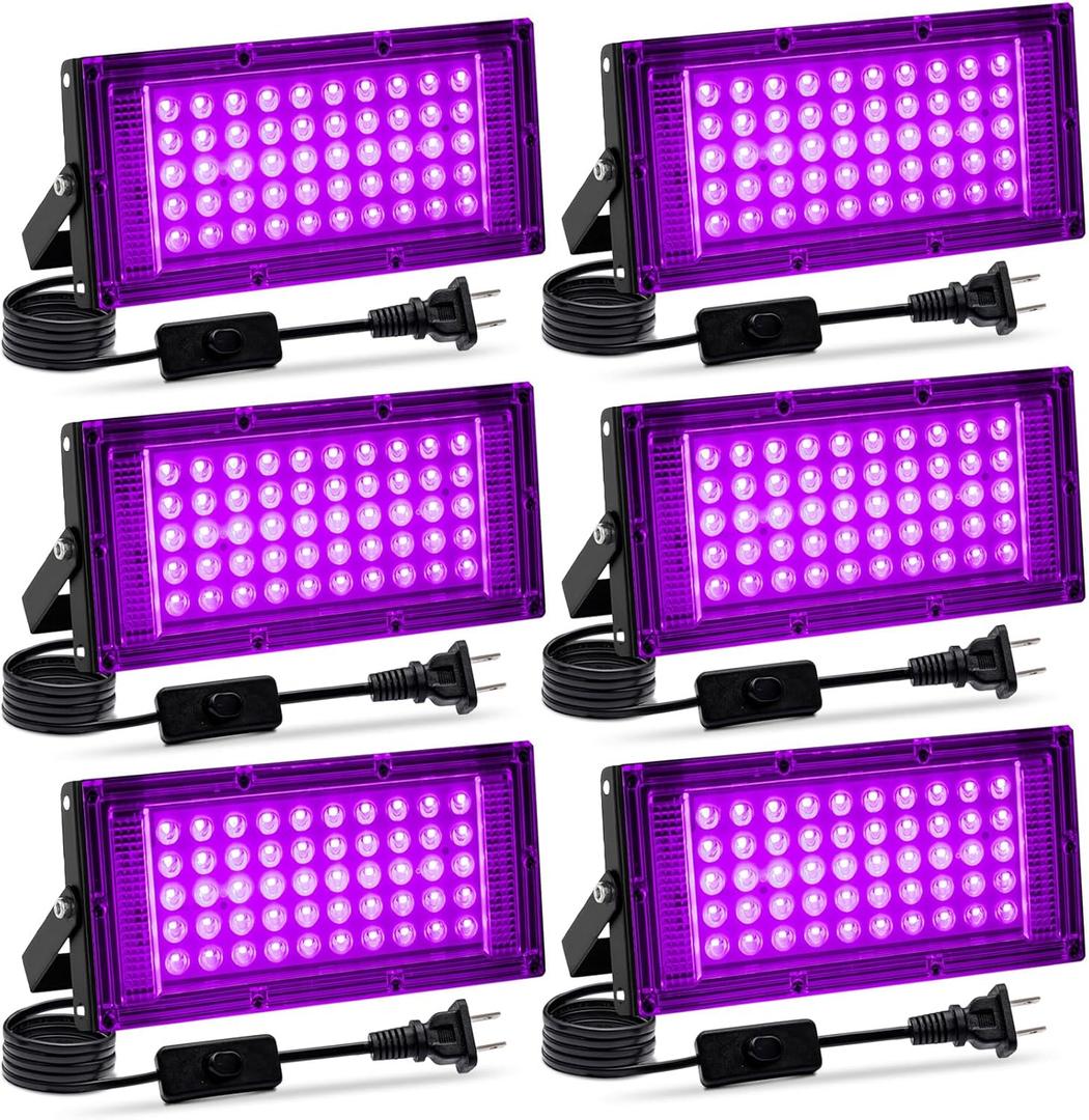 6 Pack 50W Black Light, LED Blacklight with US Plug and Switch, Black Lights for Glow Party, Halloween, Body Painting, Birthday Party, Painting and Tapestry