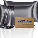 2 x Mulberry Silk Pillow Cases with Zipper, Ultra Smooth Soft Breathable Cooling Pillow Cases for Hot Sleepers, Silk Satin Pillowcase for Hair and Skin, Gifts for Women (Standard - 2026 Inch) Dark Grey, 2pcs