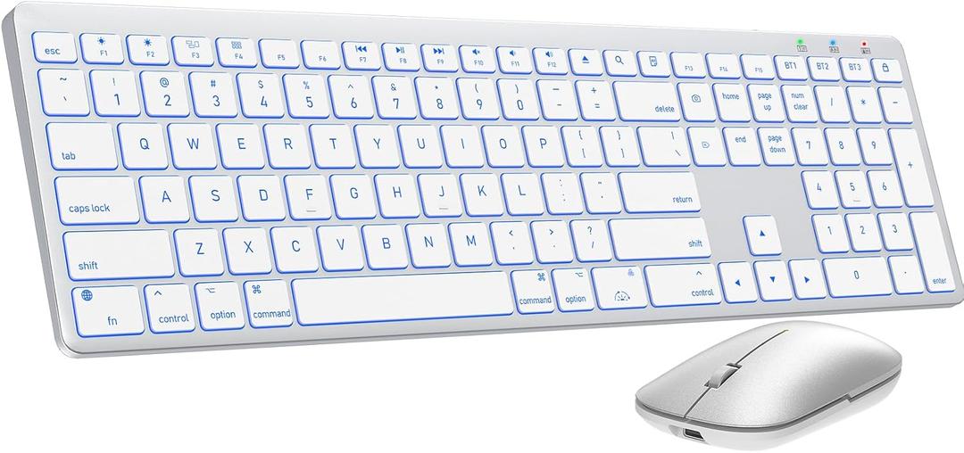 SABLUTE Bluetooth Keyboard and Mouse for Mac 7-Color Backlit, Multi-Device, Rechargeable, KMA1pro Full-Size Wireless Keyboard Mouse Combo with Quiet Scissor-Switch Keys for Mac (Silver White)