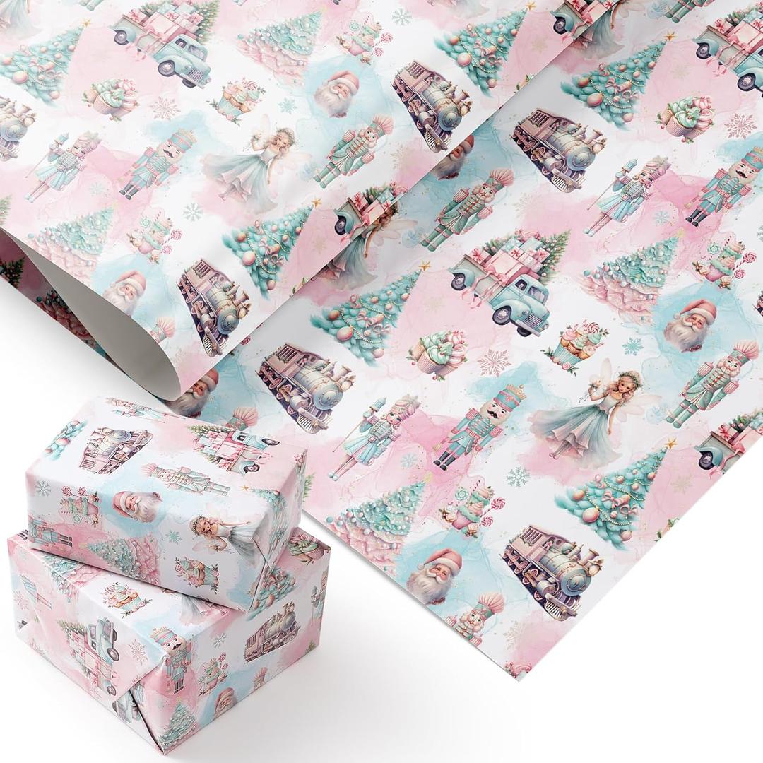 PlandRichW Nutcracker Christmas Wrapping Paper 4028 Inch Jumbo Sheets, Non-Tear Bulk Gift Wrap - Sweet Pastel Nutcracker Scene with Trees, Train & Angels - 4 Pre-Cut Sheets for Kids & Adults