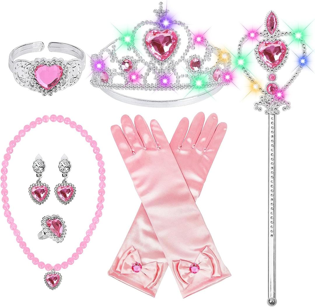 Princess Dress Up Accessories, Light Up Wand Crown 7Pcs Princess Dress Up Set with Gloves Tiara Necklace Earrings Bracelet and Ring Gift Set for 3-6 Toddler Kids Girls Cosplay Party, Pink