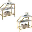 End Table 3 Tiers 2pcs White Marble Wood Nightstand with Storage Ladder Shelf,Industrial Sofa Side Table for Small Space, Modern Trapezoid Plant Stand in Living Room Bedroom,Gold Metal Frame