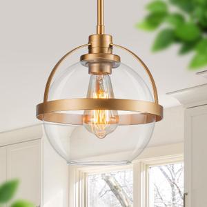 Globe Glass Pendant Lights Kitchen Island, Modern Gold Pendant Light Fixtures with Clear Glass Shades, Adjustable Height Kitchen Island Lighting for Dining Room, Entryway, Gold, 9.3" 1-Light