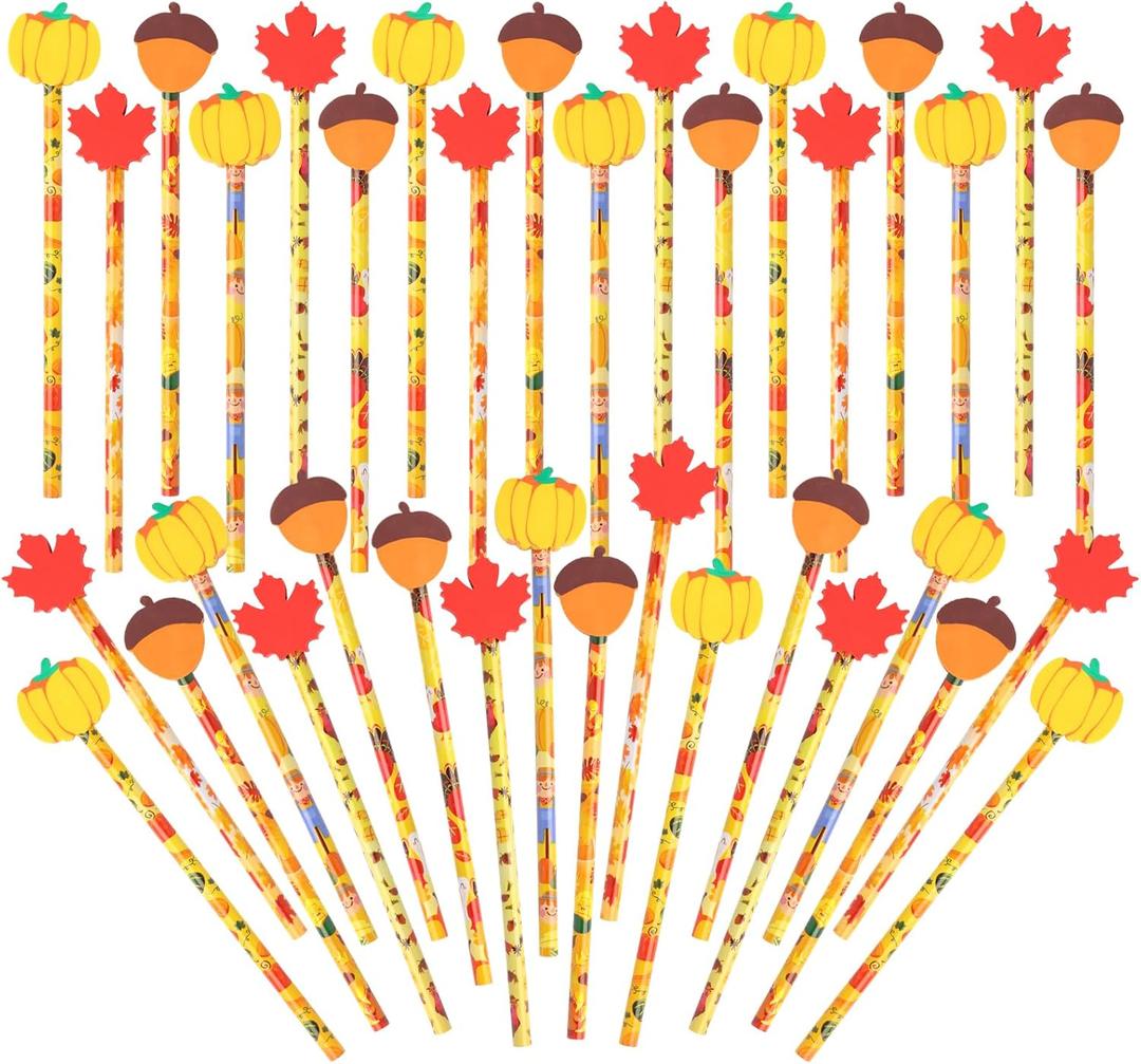 Kolewo4ever 100 Pieces Thanksgiving Pencils Scarecrow Turkey Pencils with Giant Maple Leaves Pumpkins Acorns Eraser Assortment Fall Stationery Pencil for Thanksgiving Party Supplies