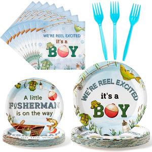 ANGOLIO Gone Fishing Party Tableware Set - 96Pcs Summer A Little Fisherman Is On The Way Party Supplies Include Disposable Paper Plates Napkins Forks Decoration for Boy Birthday Baby Shower, Serves 24