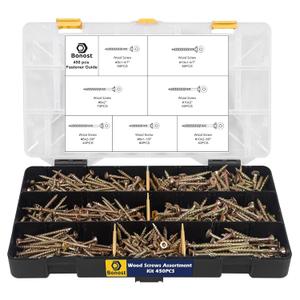 Bonost 450PCS #8#10 Wood Screws Assortment Kit-Torx Drive Flat Head Assorted Deck Screws Set, 7Sizes 1-4/7",2",2-3/8",1-1/6", Zinc Plated with Matching Bits for Exterior Decking, Furniture&Woodworking