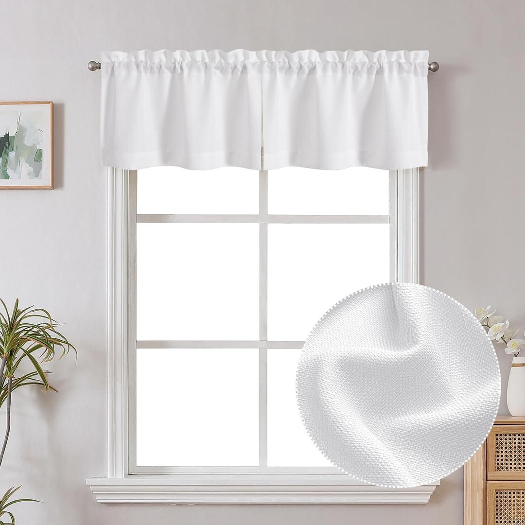 Chyhomenyc White Faux Linen Slub Textured Semi Sheer Small Window Kitchen Valance Curtain, Rod Pocket Cafe Valance for Bathroom Laundry Basement, 30Wx14L inch, 2 Piece