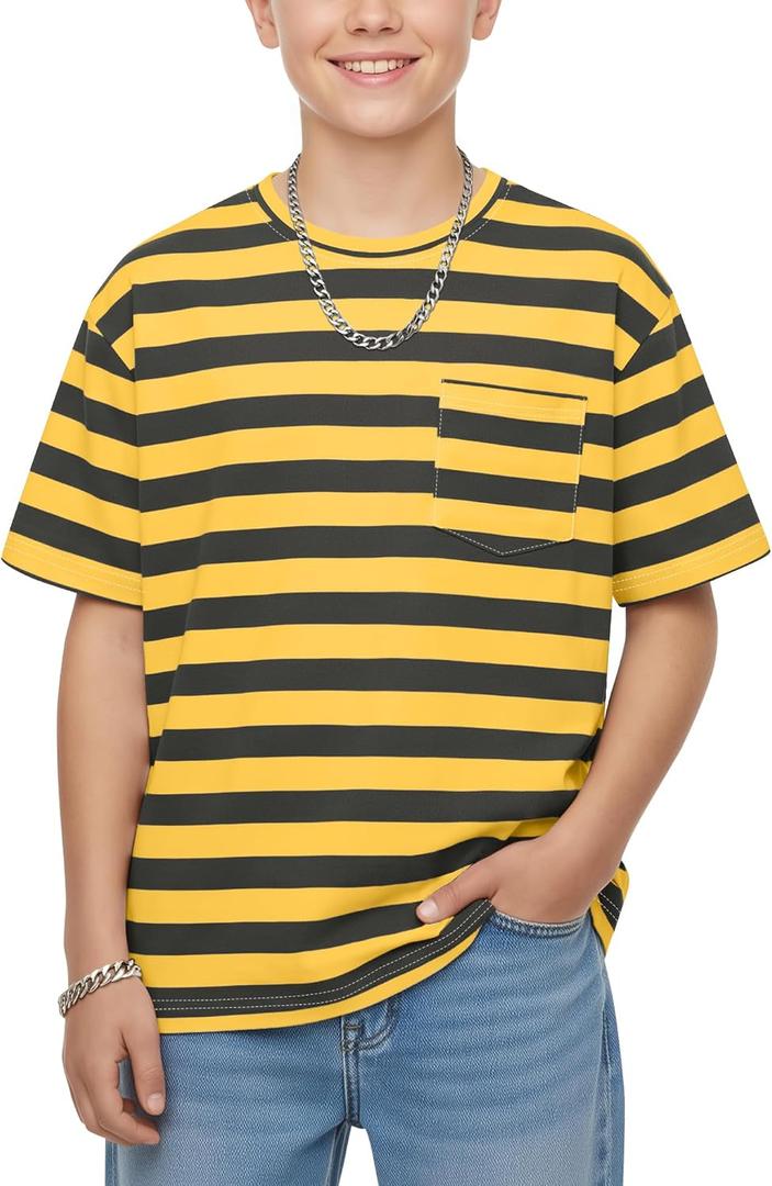 Boys Oversized Striped T-Shirt with Chest Pocket Short Sleeve Crew Neck Casual Summer Tee for Boys 5-14 (Black)