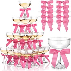 Zopeal Set of 30 Plastic Martini Glasses 5 oz Champagne Flutes Margarita Cocktail Glasses with Bow 2.8 Inch for Valentines Birthday Bachelorette Party Home Bar Wedding Champagne Towers (Pink)