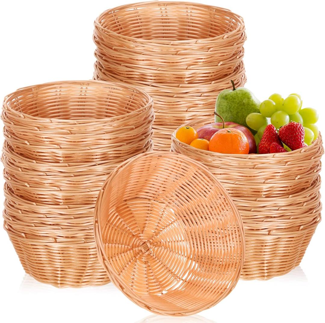 Amyhill 30 Pack Small Bread Baskets Bulk Plastic Round Baskets 7.1 Inch Wicker Bread Woven Basket Fruit Chip Storage for Food, Table, Kitchen, Restaurant, Centerpiece, Gift Basket for Mom