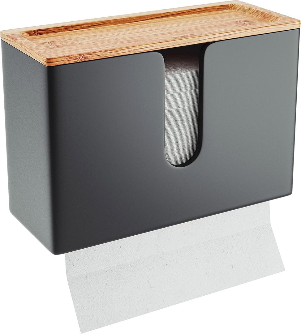 NATURE SUPPLIES Bamboo Paper Towel Dispenser with Removable Top Tray for Bathroom and Kitchen, Wall Mount and Countertop Multifold, C-Fold, Z-Fold, Tri-Fold Hand Towel Holder for Commercial Use, Black (With Top Tray)