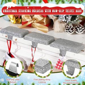 Huwena Metal Christmas Stocking Holders Shiny Mantel Heavy Duty Stocking Hooks Glitter Hanging Hangers Christmas Ornaments for Fireplace Window Mantle Table Decoration(Stylish,Silver,4 Pcs)