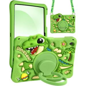 Boaretiu for Galaxy Tab A9 Plus 11 Inch 2023 Case - Cute Cartoon with Shoulder Strap & Rotating Stand for Boys Girls Teens Soft Silicone for Samsung A9+ Tablet Case, Green Dinosaur