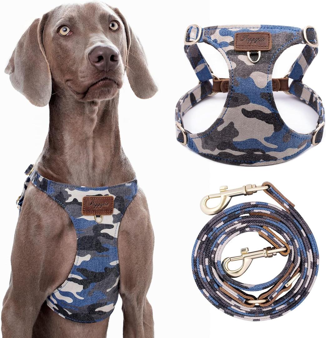 Dog Harness, No Pull Dogs Harness and Multi-Function Leash Set for Medium Dogs Easy Walk Everyday Adjustable Soft Dog Vest Harness Fashionable Dog Accessories Camouflage Blue-Button-L55-77lb