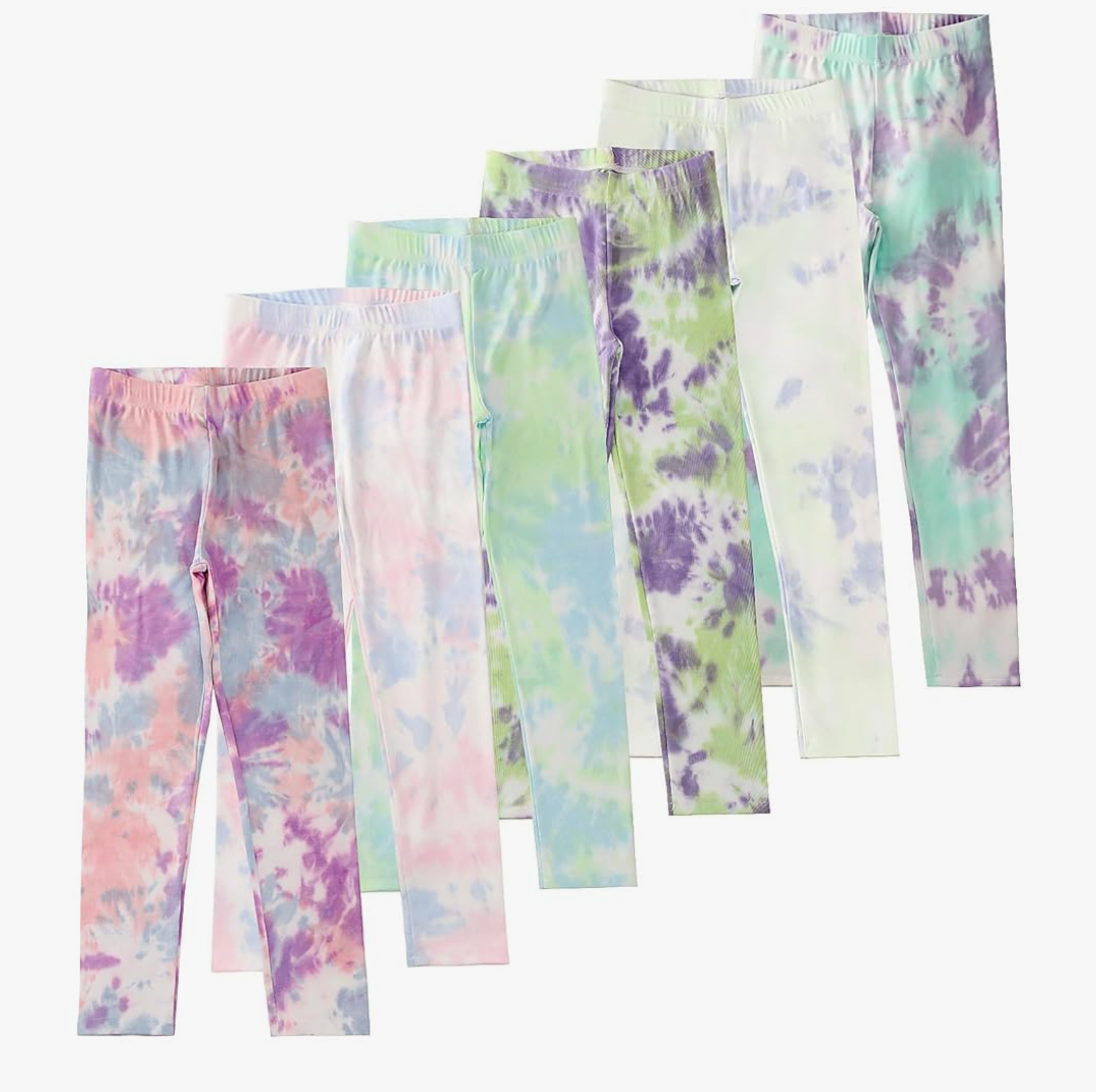 No Brand 6 Pack Girls Printed Leggings Basic Full Length Stretchy Leggings for Kids Soft Pants Girls' Tie-Dye Leggings 7-8Y