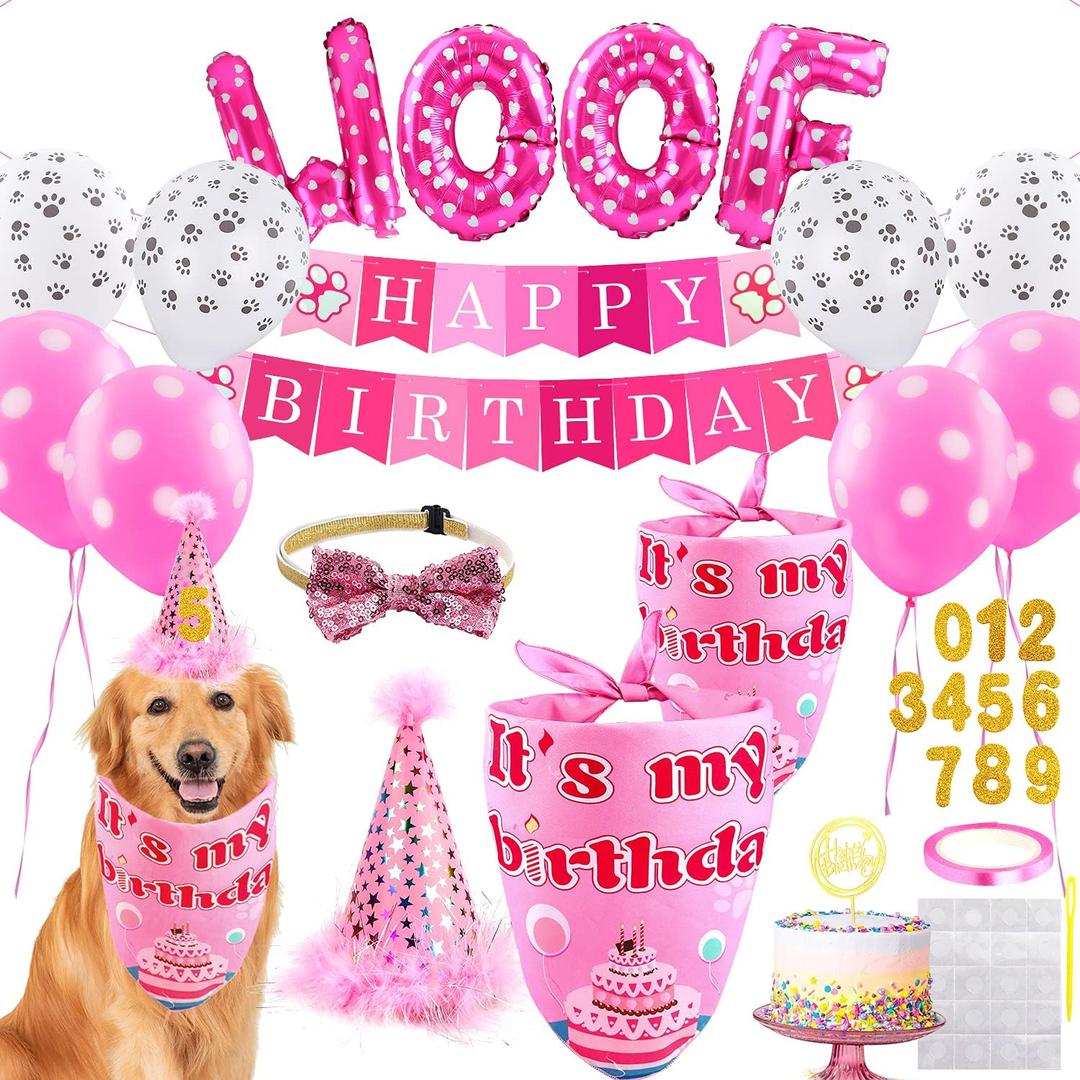 AROIC Dog Birthday Bandana Set, Pet Party Decorations Kit with 2 Bandanas, Fun Pet Birthday Party Decorations for Small Medium Dogs Pets, Cute Puppy Celebration Outfit with Hat, Bow Tie & Balloons