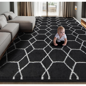 Area Rug for Living Room Bedroom, 4X6 Feet Soft Shaggy Rug, Plush Fluffy Rugs, Modern Moroccan Geometric Carpets, Anti-Skid Durable Carpet for Kids Dorm Nursery, Home Decor Aesthetic, Black and White