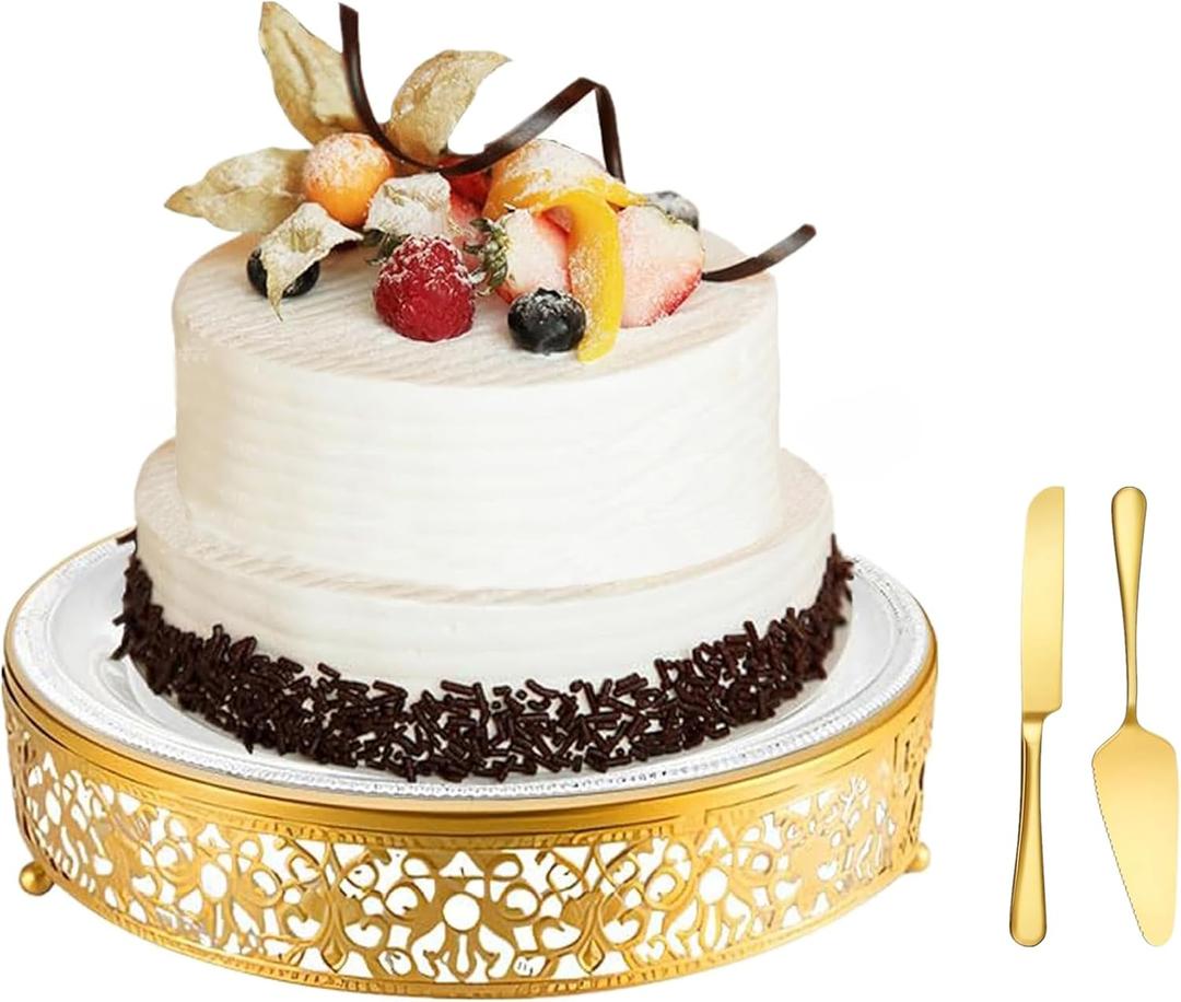 MTJYQTF Gold Cake Stand Set - 16 IN Metal Round Cupcake Dessert Stand with Cake Cutting & Cake Spatula for Party, Candy Table Display for Wedding Birthday Baby Shower Housewarming Party CS003-16panR