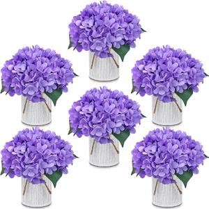 Purple Flower Table Centerpieces, Set of 6, Hydrangeas | Floral Arrangement Artificial Wedding Floral with Rustic Metal Vase for Bridal Tea Party Event Decorations