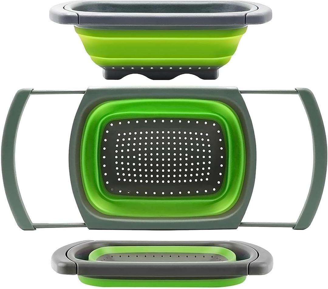 Qimh Colander collapsible, Colander Strainer Over The Sink Vegetable Fruit Strainer Basket (6 Quart) with Extendable Handles, New Kitchen Essentials (Green)