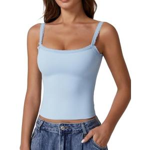 QINSEN Womens Square Neck Lace Trim Tank Top Double Lined Slim Fitted Y2k Going Out Camisole Shirts size L