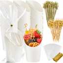 Ocmoiy Disposable Charcuterie APPETIZER CUPS with Sticks and Bags - Kraft Paper, 14 oz, White - 50 Cups, 200 Picks, 50 Bags