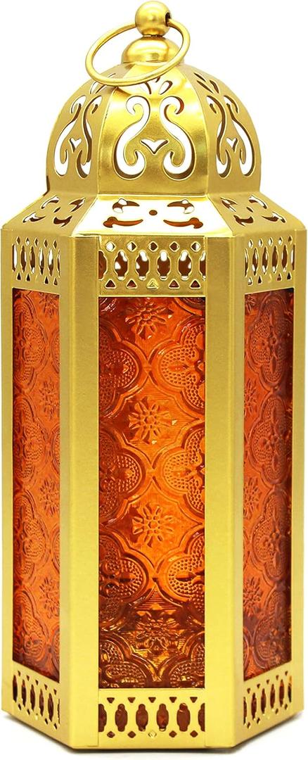 CVHOMEDECO. Decorative Candle Lantern Moroccan Lanterns Vintage Golden Metal Lantern Holder for Home Patio Outdoor Decor. Amber Glass, Medium