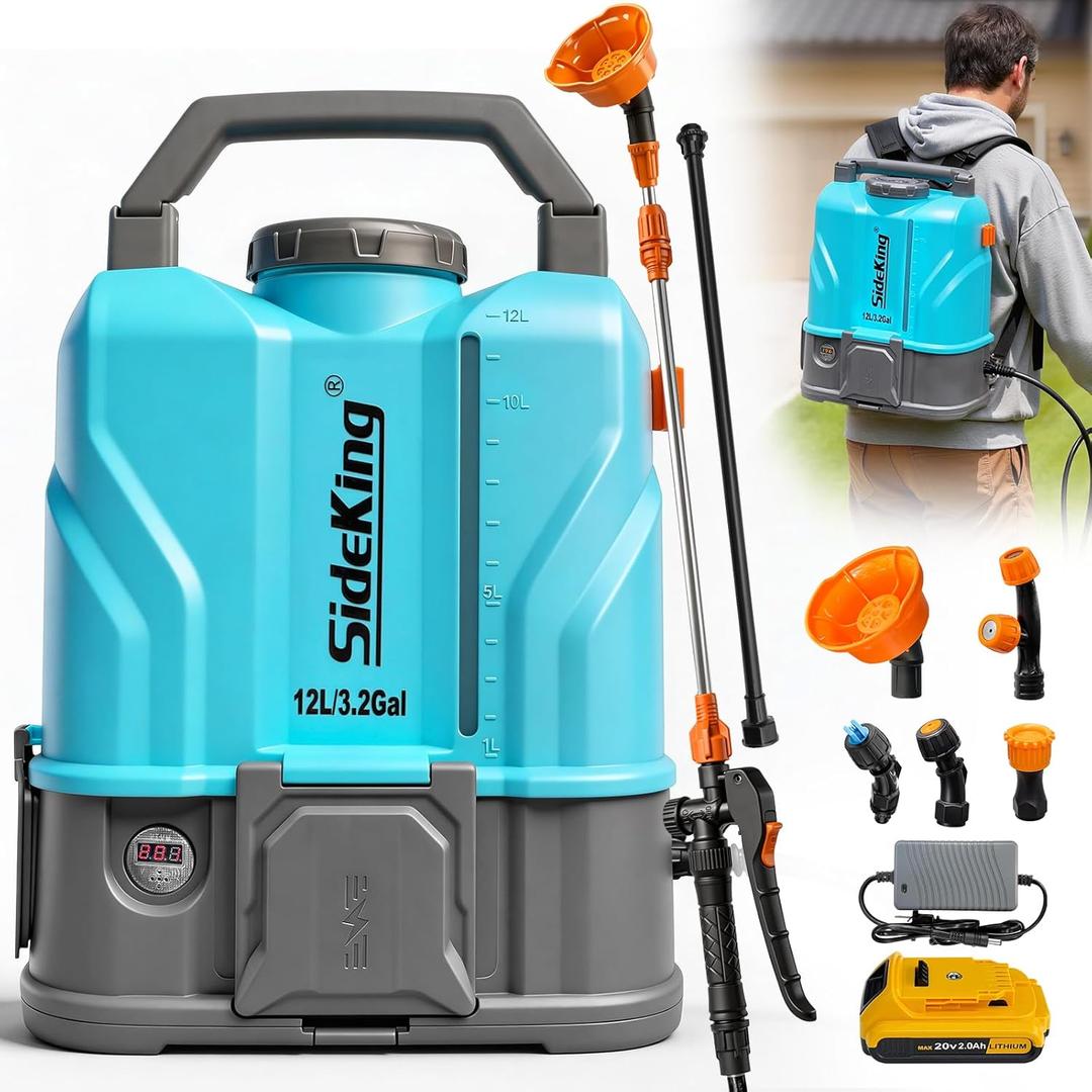 SideKing 3.2 Gallon Battery Powered Backpack Sprayer, 100 PSI Powerful Electric Sprayer Compatible with DeWalt 20V Battery, Max 0.9 GPM, 5 Nozzles & 2 Spray Wands for Lawn, Yard, Weed & Pest Control
