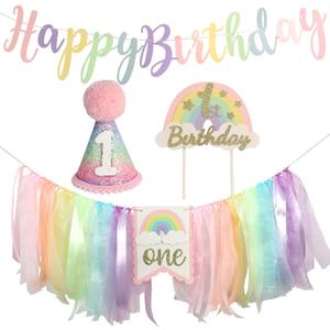 Macaron Pastel Rainbow High Chair Banner for 1st Birthday Decorations First One Birthday Party Girl with Cake Topper