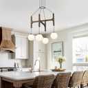 Vintage Milk Glass Pendant Light, Mid Century Wood Chandelier with Rustic Farmhouse Design, 4-Light Hanging Fixture for Kitchen Island, Dining Room, Bedroom Stairwell