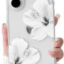 NITITOP Compatible with iPhone 16 Plus Case Clear Cute Hibiscus Flower Floral Pattern for Women Girls Full Camera Lens Slim Shockproof Protective Phone Cover - White