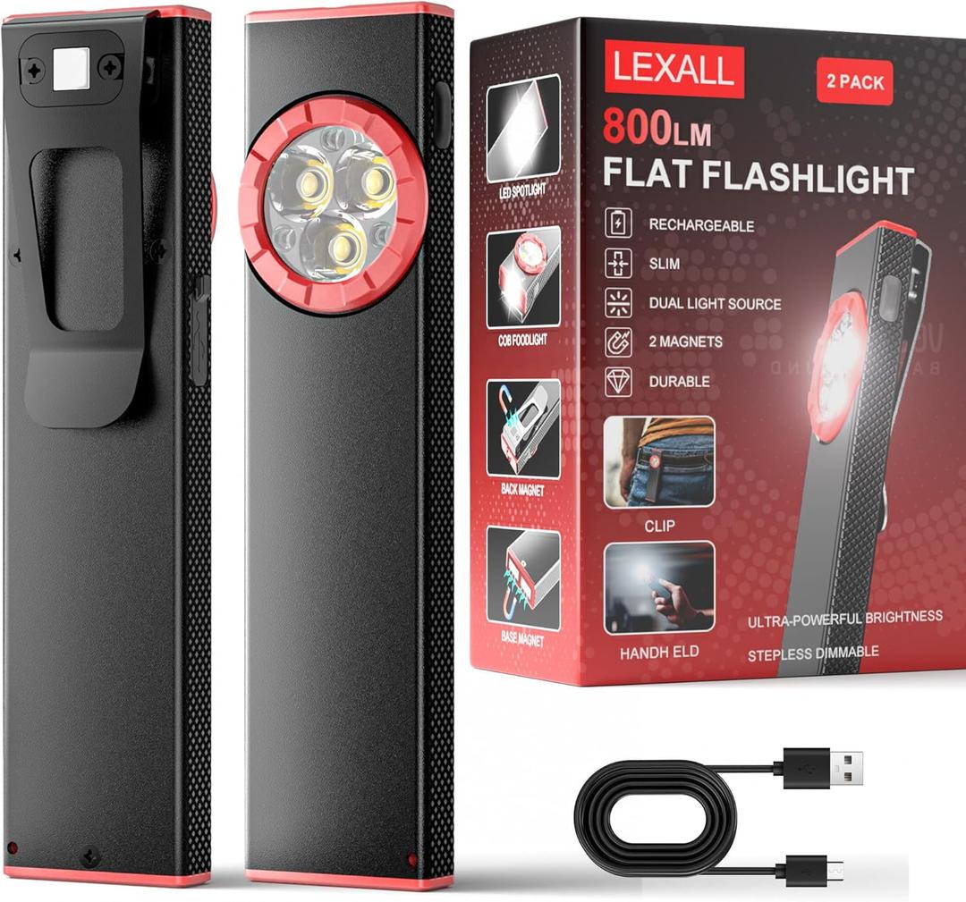 lexall EDC Flashlight, 2 Pack 800Lumen Rechargeable Pocket Flat Flashlight, Magnetic LED Flashlight with Clip, Dimmable Mini Area Light for Car Repairs/Inspection/Travel/Emergency/Camping (Ruby Red)