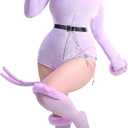 Mobbunny Women Anime Derivative Romper Onesie Pajamas Fluffy Bodysuit Hooded Jumpsuit with Tail Belt and Socks (Purple, M)