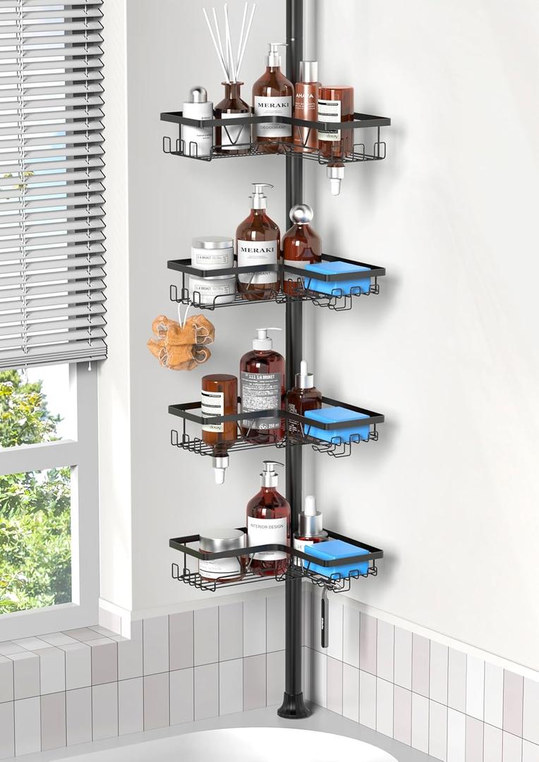 ZUNTO Shower Caddy Corner for Bathroom, Tension Pole, Adjustable 25in-114in Floor to Ceiling, Standing Shower Tension Rod Organizer with Hooks, 4 Tier Storage Shelves, Matte Black